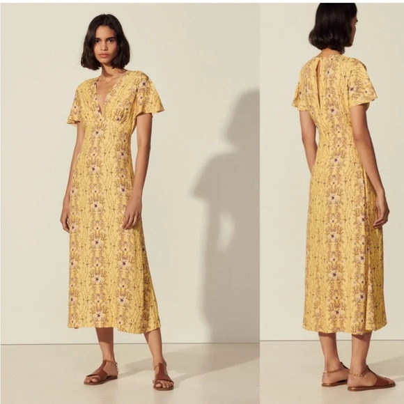 SANDRO Esther Cutout Floral Jaquard Midi Dress in Yellow Cottagecore Prarie 34 - Picture 1 of 14